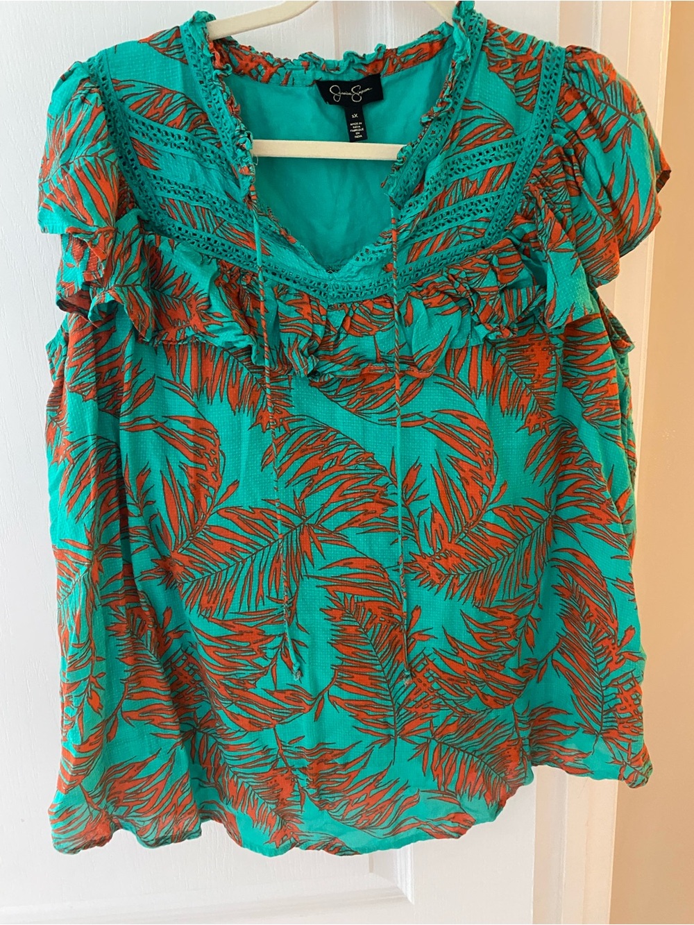Jessica Simpson Teal and Orange Tropical Print Ruffle Blouse